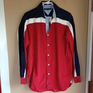 Tommy Hilfiger Color Block Red White Blue Button Down Y2K Corduroy Shirt Size S